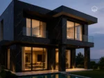 Pars Black Mermer ile kaplanmış lüks villa cephesi, İstanbul Tuzla bölgesinde modern mimari, geniş camlar ve havuz manzarasıyla KSMONYX tasarımı.