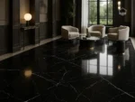 Pars Black Mermer zemin kaplamasıyla tasarlanmış modern ve lüks iç mekan, cilalı siyah mermer yüzey, beyaz damar yapısıyla KSMONYX kalitesi.
