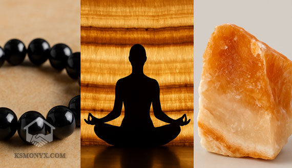 Oniks Taşı Faydaları: Enerjisi, Özellikleri ve Kullanım Alanları 4 Doğal ışık altında farklı renklerde oniks taşlarının masada sergilendiği, enerjik ve huzur veren lüks dekoratif sahne.