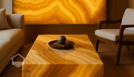 Oniks Taşı Faydaları: Enerjisi, Özellikleri ve Kullanım Alanları 7 Lüks bir iç mekanda duvar panellerinde kullanılan oniks taşları, sıcak ışıkla aydınlatılmış ve modern dekorasyonla bütünleşmiş görsel.