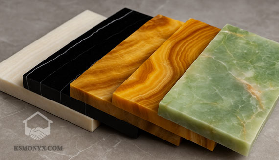 Oniks Taşı Faydaları: Enerjisi, Özellikleri ve Kullanım Alanları 10 Showroom ortamında sergilenen farklı renk ve desenlerde oniks taş plakalar, doğal ışık altında fotoğraflanmış.