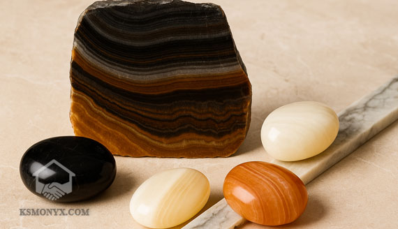 Oniks Taşı Faydaları: Enerjisi, Özellikleri ve Kullanım Alanları 3 Bal oniks, yeşil oniks, beyaz oniks ve siyah oniks taşlarının parlak yüzeyleriyle bir arada gösterildiği yüksek kaliteli görsel.