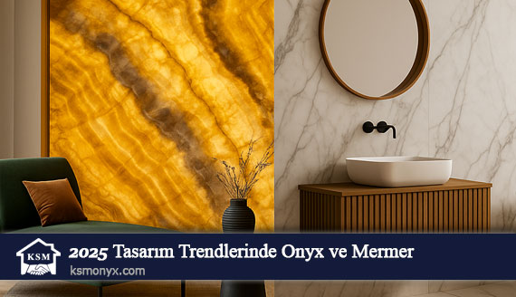 2025 tasarım trendlerinde onyx ve mermer kullanımı: ışık geçiren bal tonlu onyx duvar ve beyaz mermer yüzeylerle modern iç mekan tasarımı