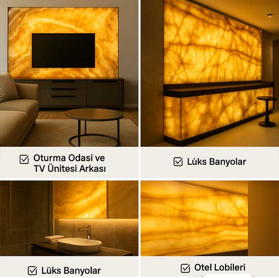 Oturma odası, banyo ve otel lobilerinde kullanılan ışık geçiren onyx duvar kaplaması örnekleri, lüks iç mekan tasarımı