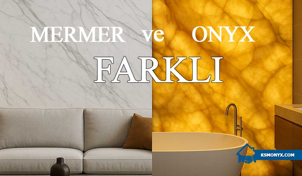 Bir iç mekanda iki farklı alan: sol tarafta beyaz mermer duvarlı modern oturma odası, sağ tarafta bal tonlarında ışıklı onyx duvarla dekore edilmiş lüks banyo