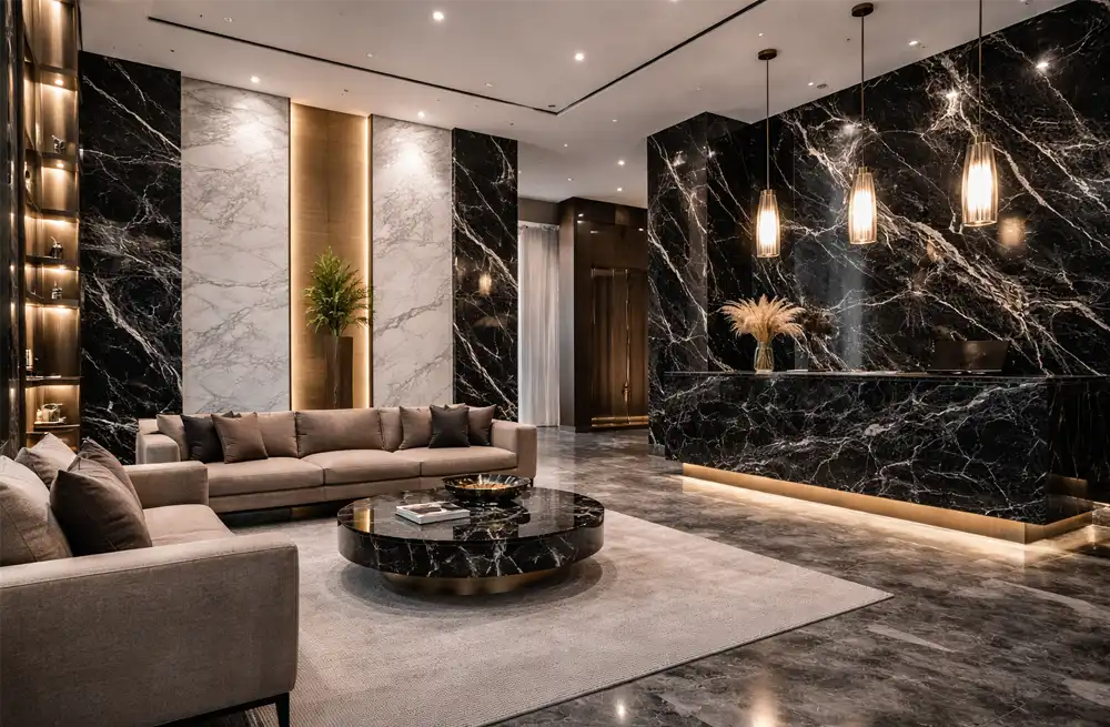 İran mermeri ile tasarlanmış lüks ticari proje iç mekân uygulaması