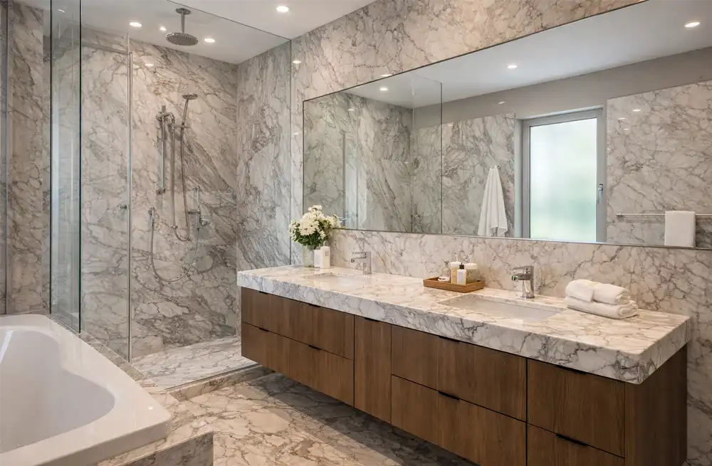 Banyoda mermer kullanımı – modern banyo duvar ve lavabo mermer uygulaması