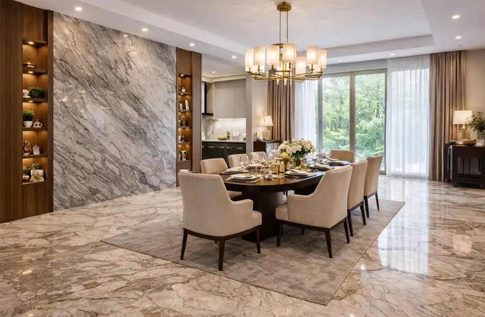 Mermer zemin ve duvar kullanılan modern yemek alanı