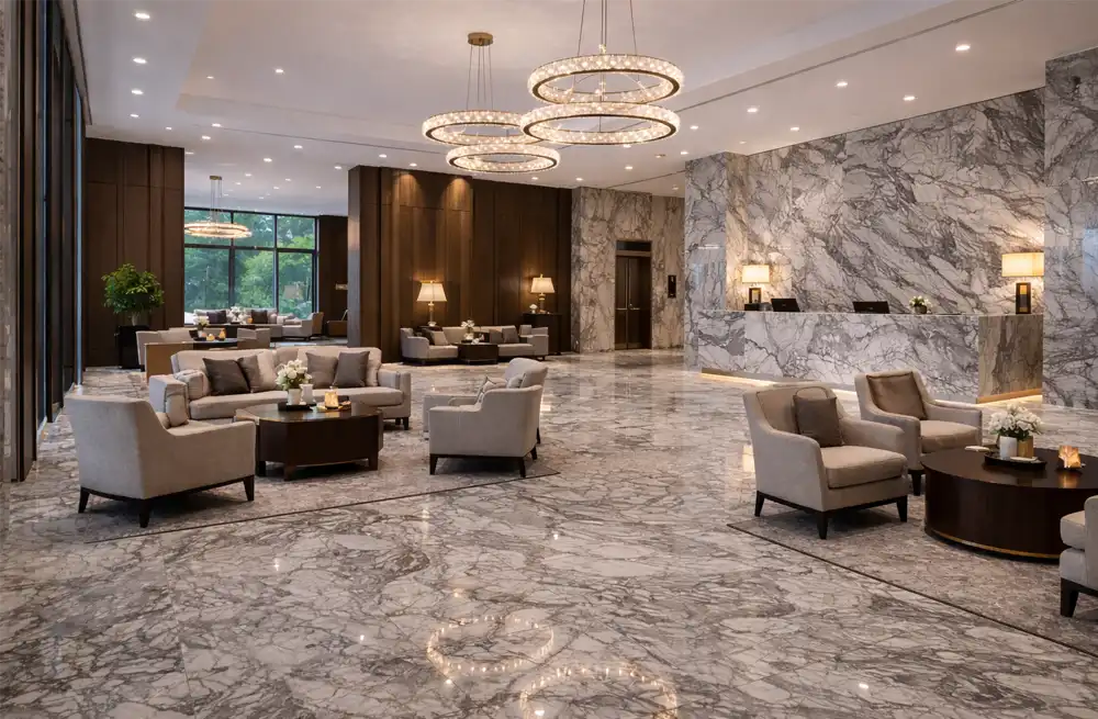 mermer zeminli otel lobisi – ticari alanlarda mermer kullanımı