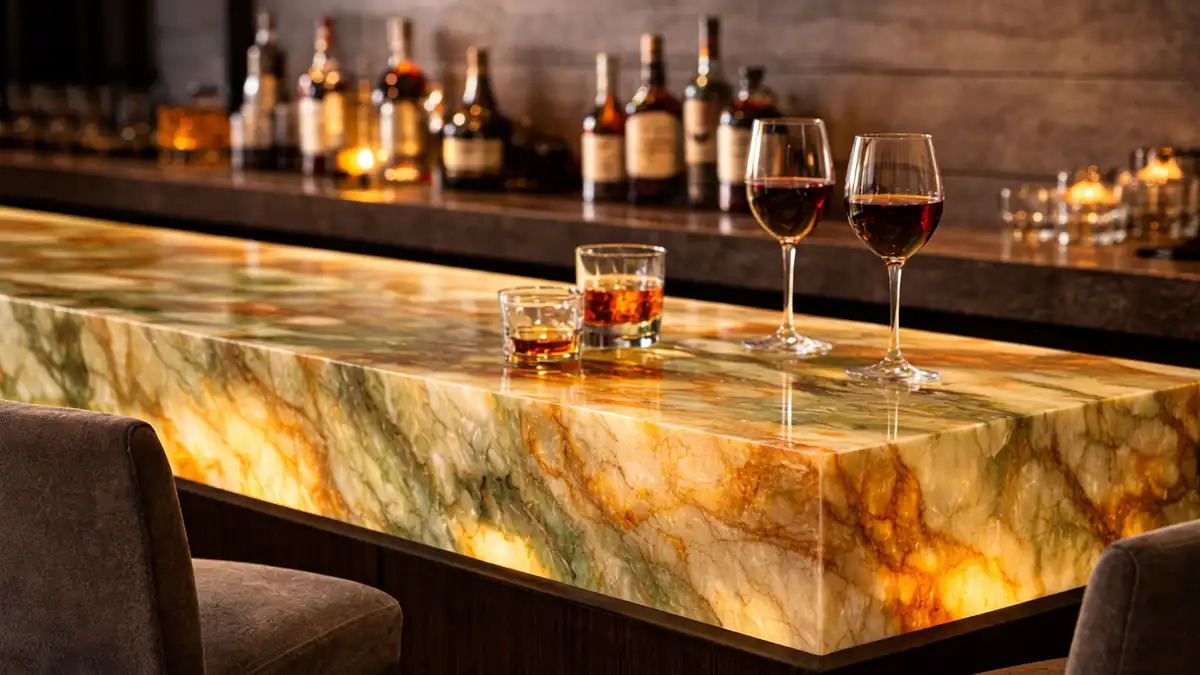 Işıklandırmalı onyx mermer bar tezgahı – lüks iç mekan tasarımı