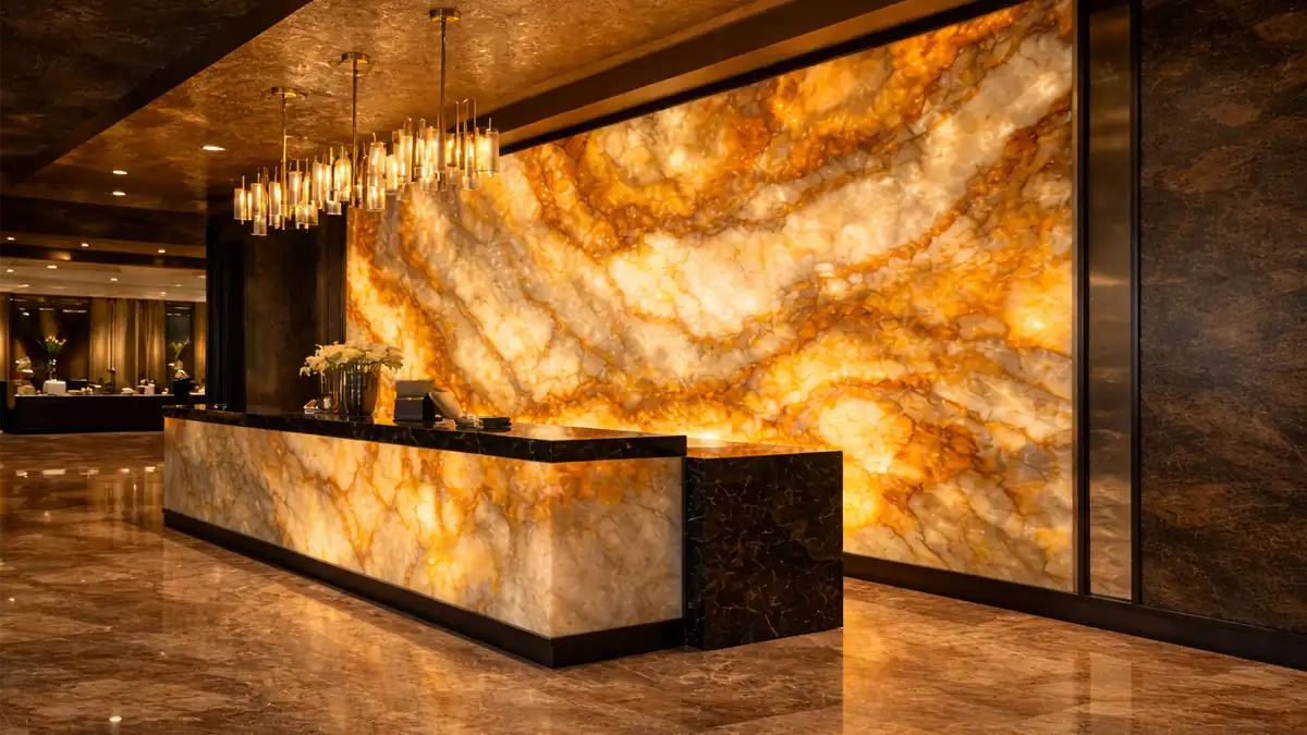 Işıklandırmalı onyx mermer (oniks mermer) duvar paneli ve resepsiyon bankosu ile lüks otel lobisi