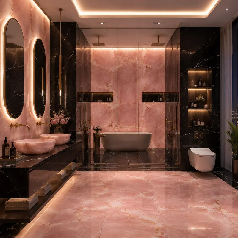 Master banyo tasarımları pembe onyx zemın sıyah mermer Master banyo tasarımları pembe onyx zemın sıyah mermer